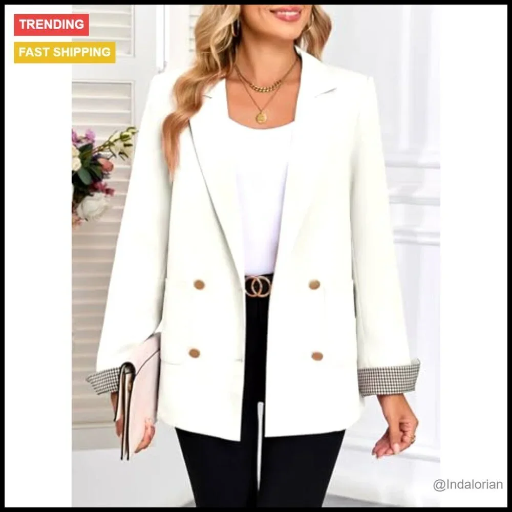 Plaid Cuff Double Breasted Blazer Classic Elegant Business Casual Office Wear
